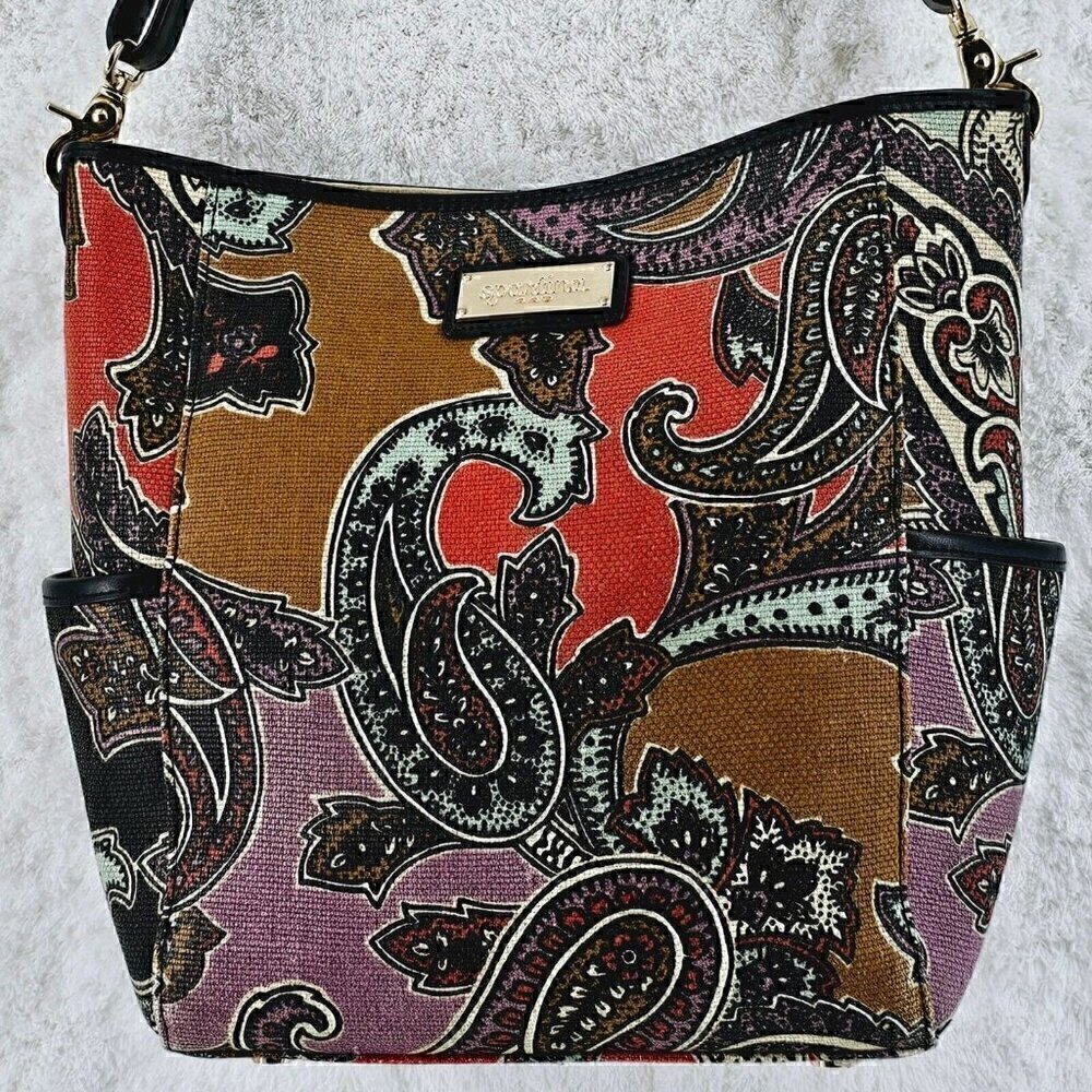 SPARTINA 449 Daufuskie Island Paisley Print Linen Black Leather Shoulder Bag